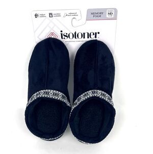 Isotoner Women’s Black Clog Slippers SZ 7.5-8 Fair Isle embroidered trim slip-on